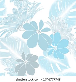 Abstract seamless pattern with hand-drawn exotic monstera leaves and chrysanthemum flowers. Pattern for creating packaging, wallpaper, fabric.