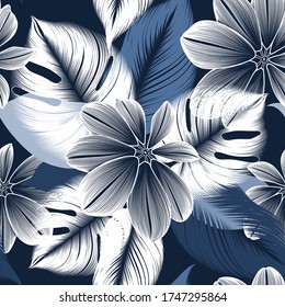 Abstract seamless pattern with hand-drawn exotic monstera leaves and chrysanthemum flowers. Pattern for creating packaging, wallpaper, fabric.