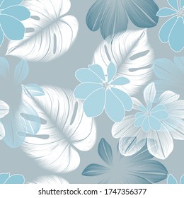 Abstract seamless pattern with hand-drawn exotic monstera leaves and chrysanthemum flowers. Pattern for creating packaging, wallpaper, fabric.