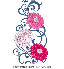 Abstract seamless pattern with hand-drawn exotic monstera leaves and chrysanthemum flowers. Pattern for creating packaging, wallpaper, fabric.