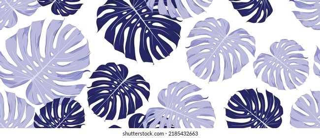 Abstract seamless pattern with hand-drawn exotic monstera leaves and chrysanthemum flowers. Pattern for creating packaging, wallpaper, fabric.