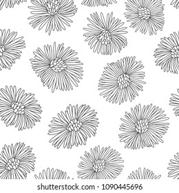 Abstract seamless pattern with hand-drawn flowers on a white background. Contour vector illustration.