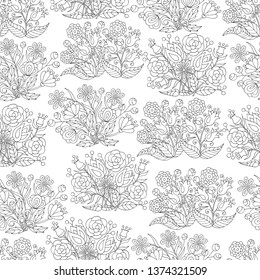 Abstract seamless pattern of hand-drawn flowers, coloring pages for kids and adults
