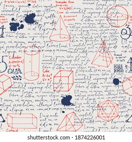 Abstract seamless pattern with hand-drawn geometrical figures and handwritten text Lorem ipsum on an old paper backdrop. Vector repeating background in the style of sketches from the diary