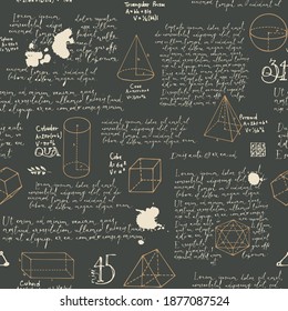 Abstract seamless pattern with hand-drawn geometrical figures and handwritten text Lorem ipsum on the black backdrop. Vector repeatable background in the style of chalk drawings on a blackboard