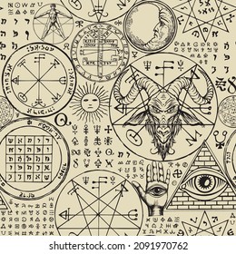 Abstract seamless pattern with hand-drawn goat head, all-seeing eye, sun, moon, vitruvian man, occult and esoteric symbols on an old paper backdrop. Monochrome vector background in retro style