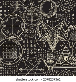 Abstract seamless pattern with hand-drawn goat head, all-seeing eye, sun, moon, vitruvian man, occult and esoteric symbols on a black backdrop. Monochrome vector background in gothic style