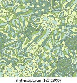 Abstract seamless pattern of hand-drawn green hearts with doodle patterns, cover design, notebooks, textiles, for Valentine's day