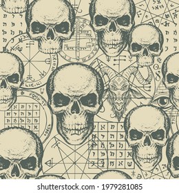 Abstract seamless pattern with hand-drawn human skulls, goat head, esoteric and occult symbols on an old paper backdrop. Vector background on a theme of occultism, satanism, black magic in retro style