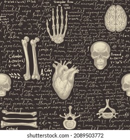 Abstract seamless pattern with hand-drawn human skulls, bones, joints and organs on a black backdrop with handwritten text lorem ipsum. Vintage vector background with sketches on a medical theme