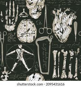 Abstract seamless pattern with hand-drawn human organs, bones, skull, surgical instruments and handwritten text lorem ipsum on a black backdrop. Vector background in grunge style on a medical theme