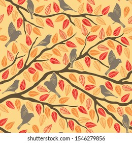 Abstract seamless pattern with handdrawn leaves and birds on the branch.