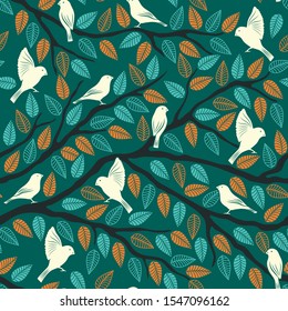 Abstract seamless pattern with handdrawn leaves and birds on the branch.