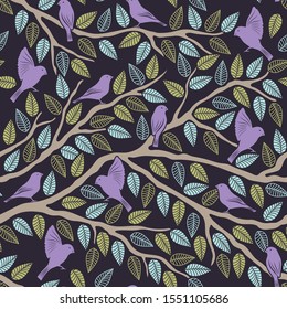 Abstract seamless pattern with handdrawn leaves and birds on the branch.