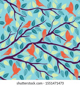 Abstract seamless pattern with handdrawn leaves and birds on the branch.