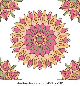 Abstract seamless pattern of hand-drawn mandalas in beautiful colors on white background