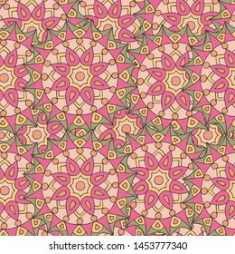 Abstract seamless pattern of hand-drawn mandalas in beautiful colors