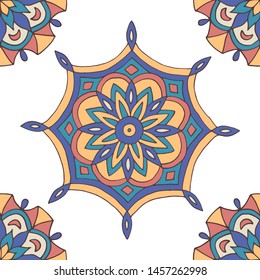 Abstract seamless pattern of hand-drawn mandalas in beautiful colors on white background