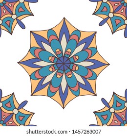 Abstract seamless pattern of hand-drawn mandalas in beautiful colors on white background