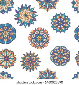 Abstract seamless pattern of hand-drawn mandalas in beautiful colors