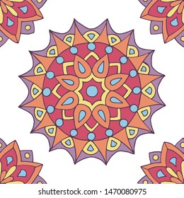 Abstract seamless pattern of hand-drawn mandalas in beautiful colors on white background