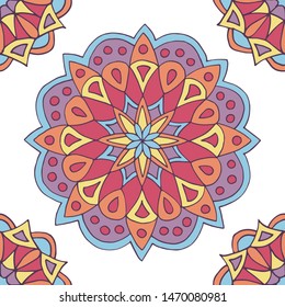 Abstract seamless pattern of hand-drawn mandalas in beautiful colors on white background