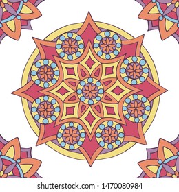 Abstract seamless pattern of hand-drawn mandalas in beautiful colors on white background