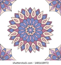 Abstract seamless pattern of hand-drawn mandalas in beautiful colors on white background