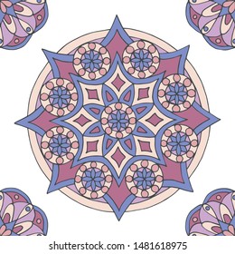 Abstract seamless pattern of hand-drawn mandalas in beautiful colors on white background