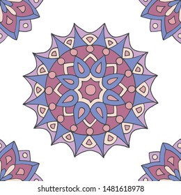 Abstract seamless pattern of hand-drawn mandalas in beautiful colors on white background