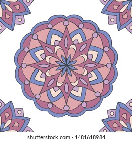 Abstract seamless pattern of hand-drawn mandalas in beautiful colors on white background