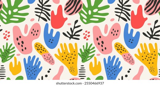 Abstract seamless pattern of hand-drawn playful line and shapes. Vector organic leaves, vibrant dot spots in bold colors. Naive art style design. Abstract background