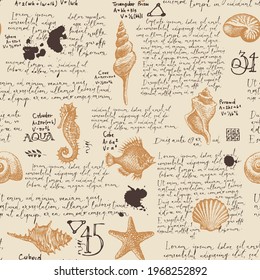 Abstract seamless pattern with hand-drawn seashells and handwritten text Lorem ipsum. Vector background in retro style with pencil drawings of shells, fish, seahorse, starfish on an old paper backdrop