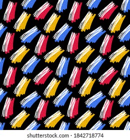 Resumen de un patrón sin fisuras en un estilo dibujado a mano. Impresión de color sobre fondo negro