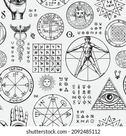 Abstract seamless pattern with hand-drawn vitruvian man, all-seeing eye, caduceus, sun, moon, pentacle, mystic and esoteric symbols on a light backdrop. Monochrome vector background in retro style