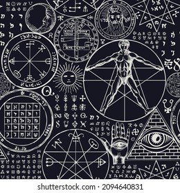 Abstract seamless pattern with hand-drawn vitruvian man, pentacle, all-seeing eye, sun, moon, mystic and esoteric symbols on black backdrop. Monochrome vector background in retro style. Chalk drawings