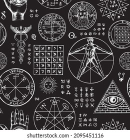 Abstract seamless pattern with hand-drawn vitruvian man, pentacle, all-seeing eye, caduceus, sun, moon, mystic and esoteric symbols on a black backdrop. Monochrome vector background in retro style