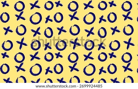 Abstract seamless pattern with hand-drawn X and O brush strokes on yellow background. Modern bold vector design perfect for streetwear, poster, or wallpaper.
