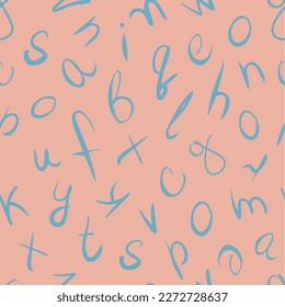 Abstract seamless pattern of handwritten blue letters. Composition on a coral background. Vector illustration, EPS 10.