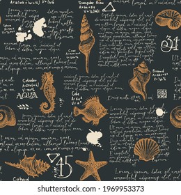 Abstract seamless pattern with handwritten Lorem ipsum text and hand-drawn seashells. Vector background in retro style with brown pencil drawings of shells, fish, seahorse, starfish on black backdrop