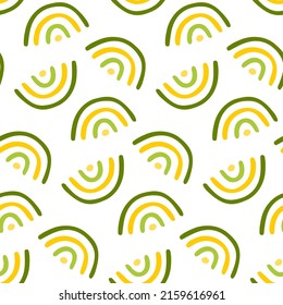 Abstract seamless pattern with handwritten rainbows. Hand-drawn colored arcs on white background. Simple texture for modern stationery cover design, websites, fashion textile, fabric print, wallpaper.