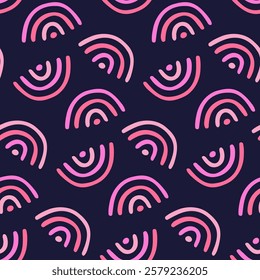 Abstract seamless pattern with handwritten rainbows. Hand drawn pink arcs on lilac background. Simple texture for modern stationery cover design, websites, fashion textile, fabric print, wallpaper.