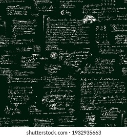 Abstract seamless pattern with handwritten scribbles, an imitation of entries and notes. Vector illustration with a sloppy script an a black background. Suitable for wallpaper, wrapping paper, fabric