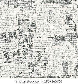 Abstract seamless pattern with handwritten text Lorem Ipsum, illegible scribbles and doodles on a light backdrop. Monochrome vector background in retro style. Wallpaper, wrapping paper, fabric