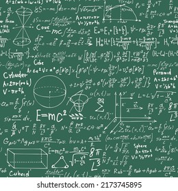 Abstract seamless pattern with handwritten text mathematical formulas and equations and geometrical figures. Vector repeating background in style from the diary of a scientist