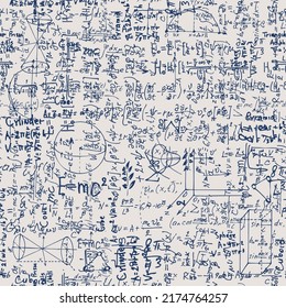 Abstract seamless pattern with handwritten text mathematical formulas and equations and geometrical figures. Vector repeating background in style from the diary of a scientist