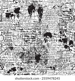 Abstract seamless pattern with handwritten text Lorem Ipsum, unreadable scribbles and blots on the old newspaper page. Vector repeating background. Suitable for wallpaper, wrapping paper, fabric