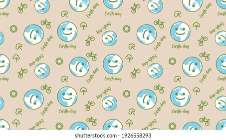 Abstract. Seamless Pattern Happy Earth Day Background. Design For Pillow, Print, Fashion, Clothing, Fabric, Gift Wrap, Mask Face. Vector.