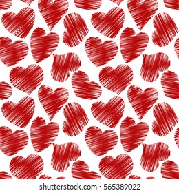 Abstract seamless pattern with hatched hearts on a white background. Vector eps 10. 