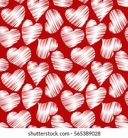 Abstract seamless pattern with hatched hearts on a red background. Vector eps 10.